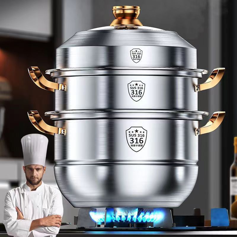 【Same Low Price】Steamer316Stainless Steel Household Food Grade304Thickened Soup Pot for Steaming Buns, Double Layer, Three or Four Layers, Compatible with Induction Cookers