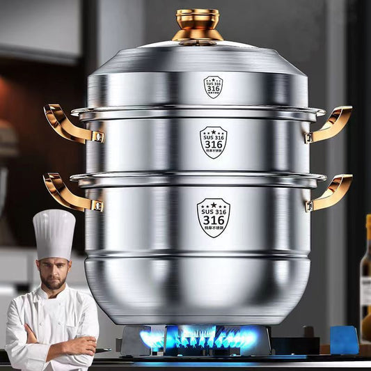 【Same Low Price】Steamer316Stainless Steel Household Food Grade304Thickened Soup Pot for Steaming Buns, Double Layer, Three or Four Layers, Compatible with Induction Cookers