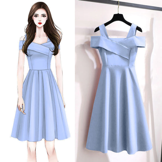 Cross-Border2025New Plus Size Off-Shoulder Elegant Dress for Plus Size Women Fashionable Tummy Covering Slimming Waist Dress Trendy