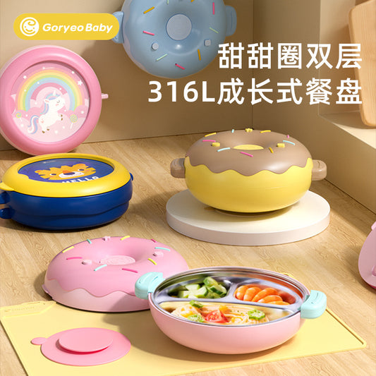 goryeobaby Children's Stainless Steel Plate Baby Suction Bowl Water-Insulated Bowl Baby Divided Plate Baby Food Utensils