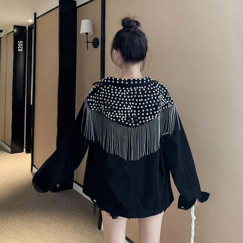 European and American New Style Tassel Heavy Embellished Rhinestone Rivet Long Sleeve Korean Version Loose Slimming Fashion Beaded Denim Jacket for Women