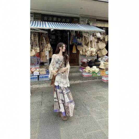 Bohemian Vacation Style Set Dress for Women Summer Hollow Out Sun Protection Knitted Cover-Up Printed Skirt Two-Piece Set