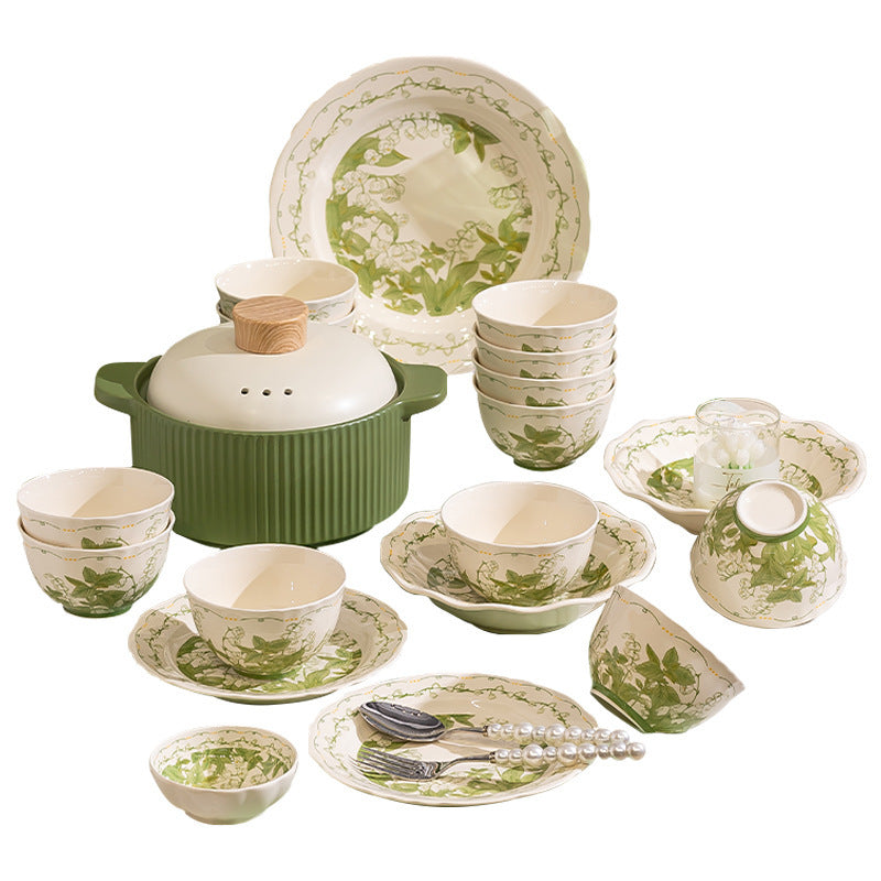 Lily of the Valley Bowl and Plate Set Household Ceramic Tableware Set Pastoral Style High-Value Underglaze Color Vegetable Plate Soup Plate Bowl and Chopsticks
