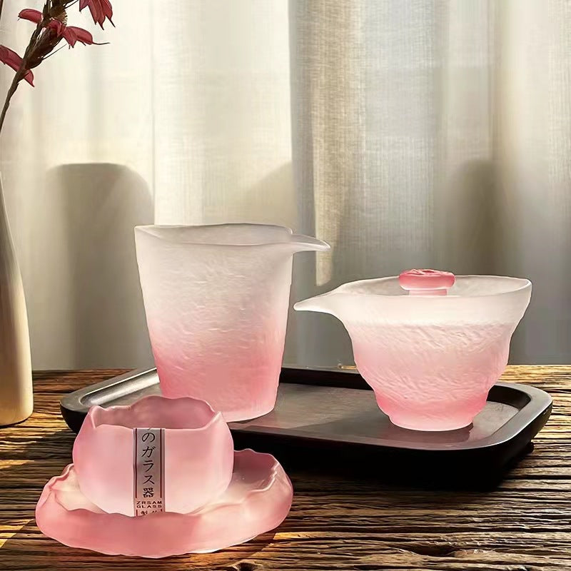 2024National Trend Pink Women's Frosted Glass Tea Set with Gaiwan, Gongdao Cup, Tea Cup, and Tasting Cup Complete Set