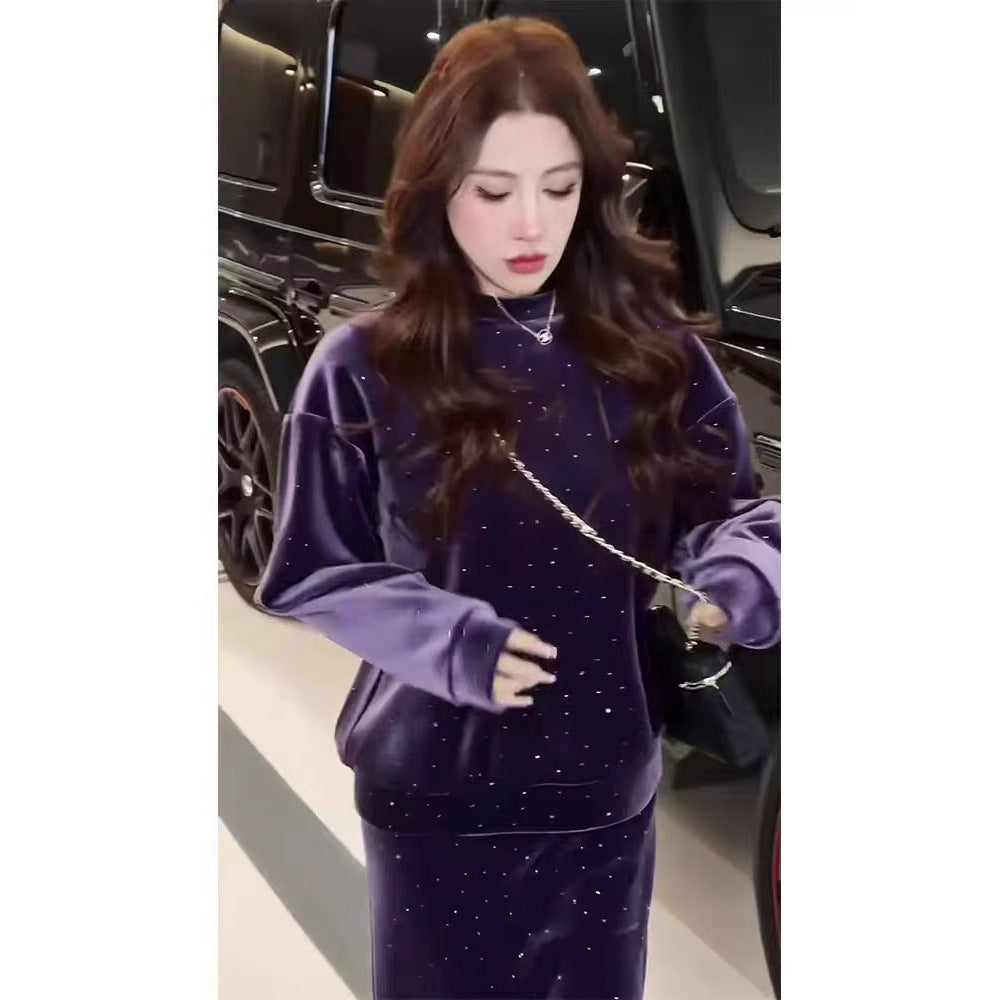 Spring High-End Exquisite Luxury Style Little Chanel Purple Sequin Velvet Dress Set