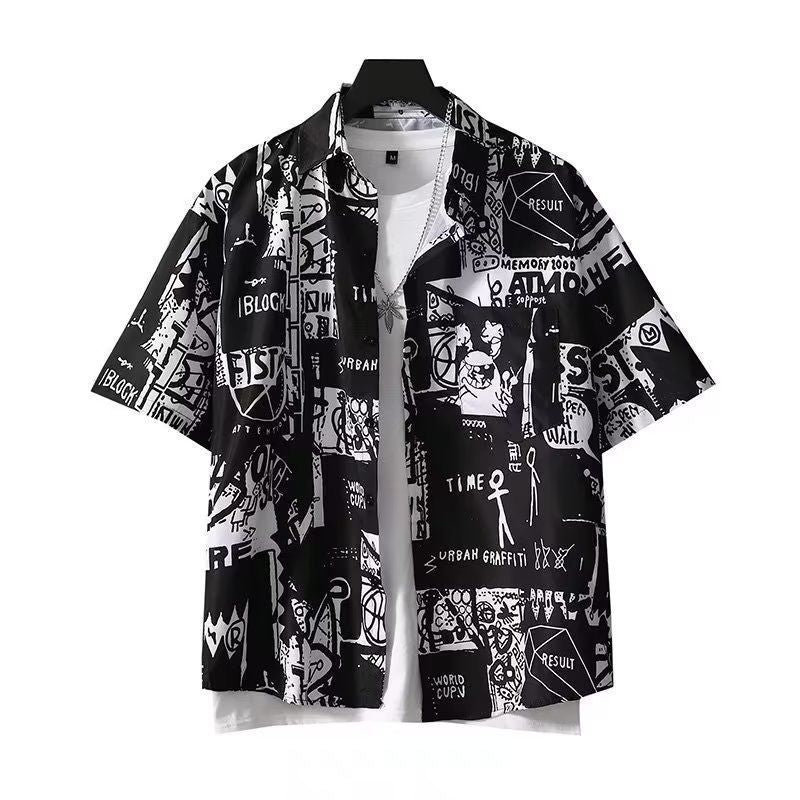 Japanese Retro Print Short Sleeve Shirt Men Letter Shirt Loose Casual Versatile Thin Short Sleeve Shirt