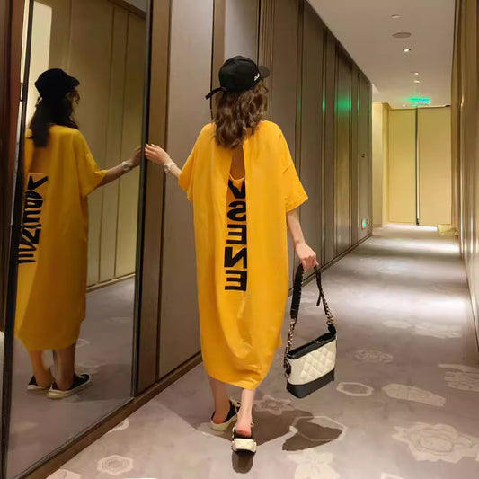 Summer Korea200Jin Fat mm Dress Women's Long Backless Loose Maxi Dress Plus Size Short Sleeve Maternity T T-shirt Skirt