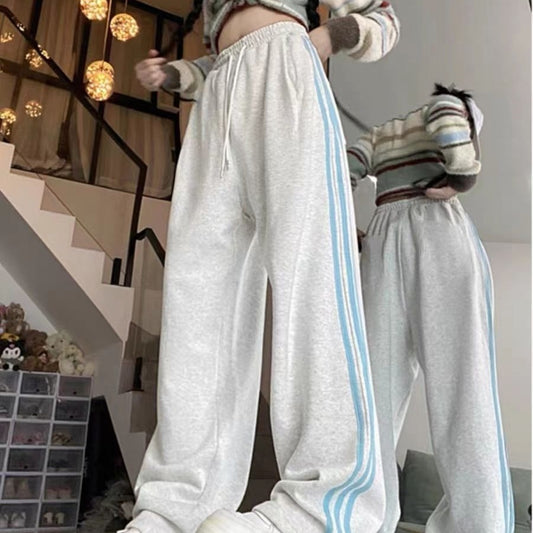 Melard Wide-Leg Pants for Women, Autumn and Winter New Loose Slimming Versatile American Style Striped Casual Sports Sweatpants