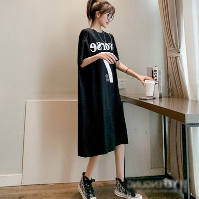 Summer Korea200Jin Fat mm Dress Women's Long Backless Loose Maxi Dress Plus Size Short Sleeve Maternity T T-shirt Skirt