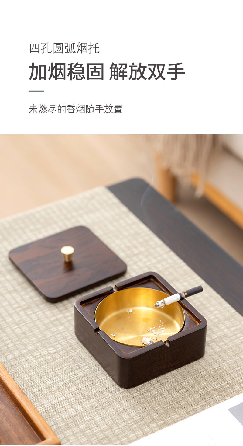 Walnut Ashtray for Home Living Room with Lid, Anti-Fly Ash, Stainless Steel Inner Liner, Creative Office Quality Ashtray