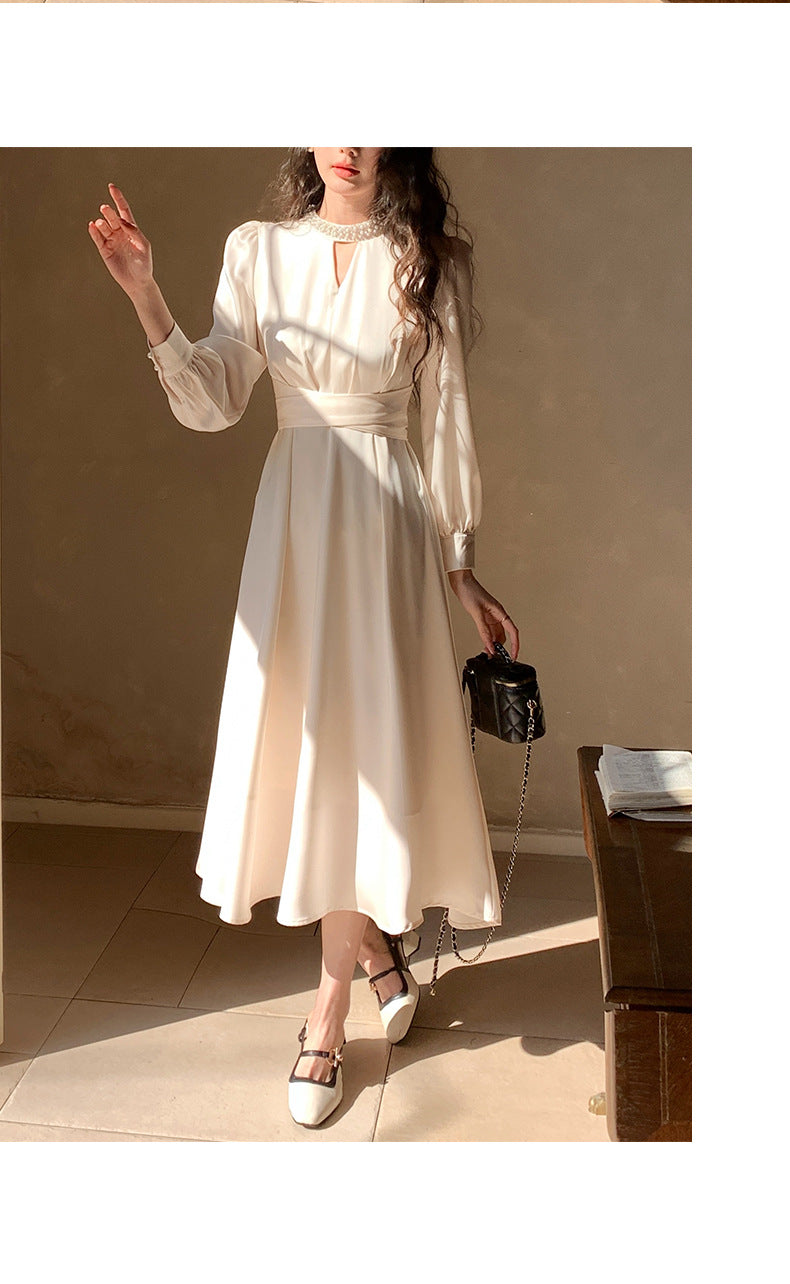 French A Line skirt2025Spring and Summer New Women's Long Sleeve Dress Waist Slimming Elegant Acetate Satin Long Dress
