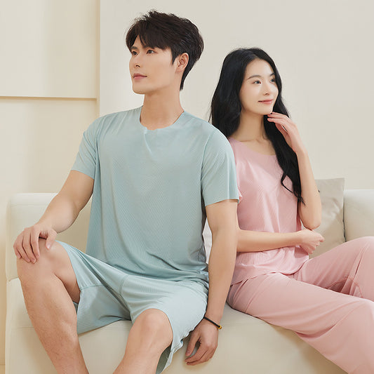 TikTok Kuaishou Internet Celebrity Loose Women's Couple Pajamas Ice Silk Two-Piece Set Casual Homewear Summer Pajamas for Women