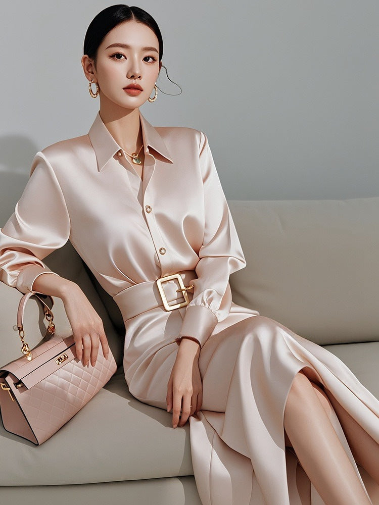 2025Spring French Style for Important Occasions Elegant and High-End Champagne Color Shirt Dress