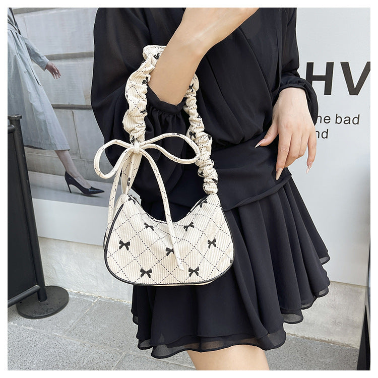 Sweet Bow Plaid Single Shoulder Underarm Crescent Bag2024Autumn new simple casual large capacity handbag