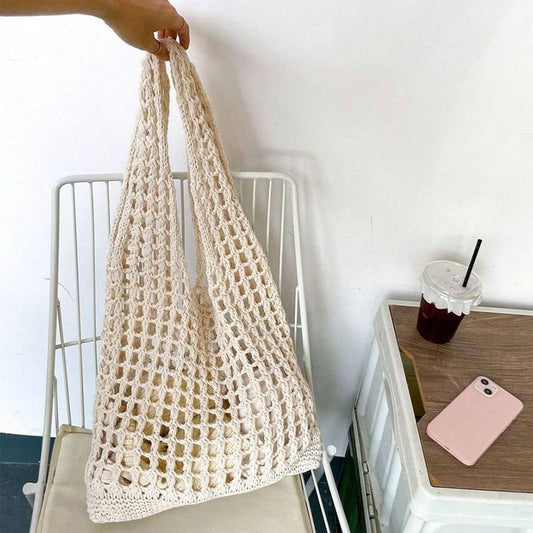 Fashion Hollow Knitted Beach Bag Seaside Shoulder Bag New Tote Simple Versatile Woven Large Capacity Vacation