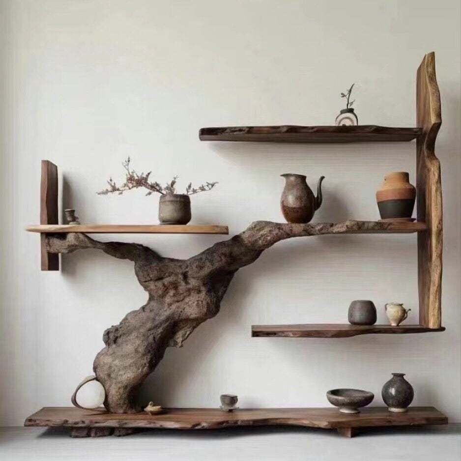 Wabi-Sabi Style Camphor Wood Solid Wood Display Cabinet Tea Storage Cabinet Natural Wood Multi-Functional Storage Rack