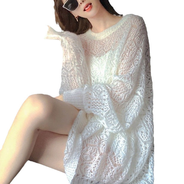 2025Spring New Soft Gentle Fairy Style Hollow Out Sweater Mid-Length Lazy Solid Color Cover-Up Top