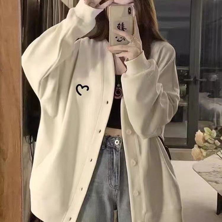 Cardigan Sweatshirt Jacket Women Baseball Jacket Loose Versatile Embroidery V Lazy Style Couple's Collared Top