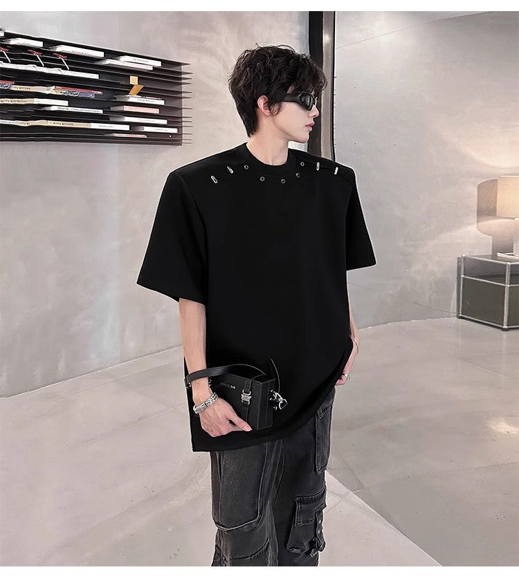 2025High-end Stylish Padded Shoulder Short Sleeve T Men's Summer Shirt with Unique Metal Decoration Design Heavyweight Top t T-shirt