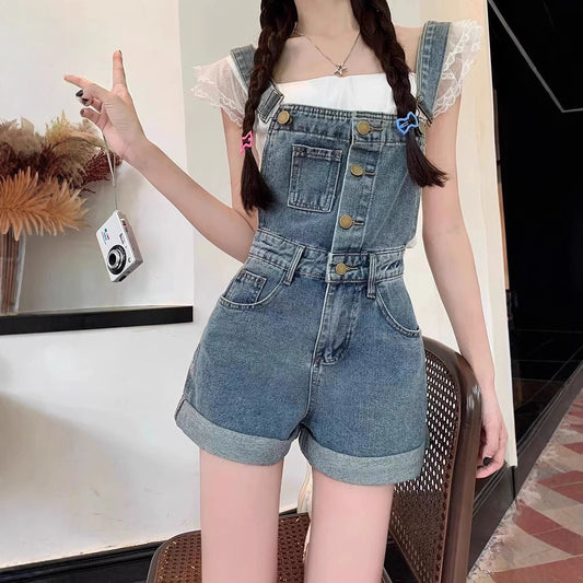 Internet Celebrity Youthful Denim Strap Shorts for Women Summer2025New Workwear Wide-Leg Hot Pants with a Sense of Design and Strap Design