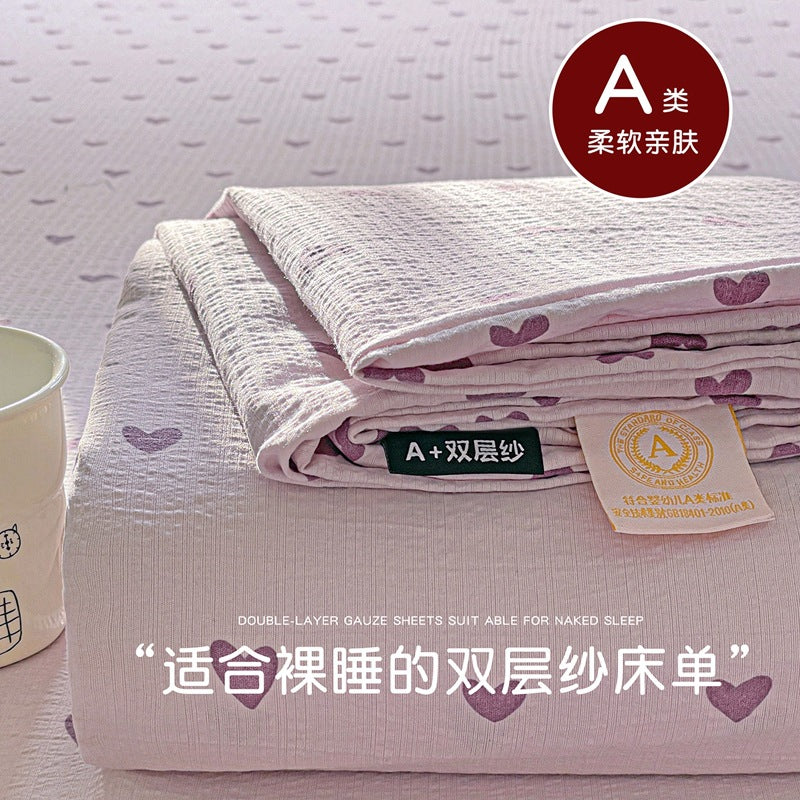 a Double-layer Gauze Bed Sheet Single Piece Fresh Style A Summer-style Naked Sleep Pillowcase Single Double Student Dormitory Three-piece Set