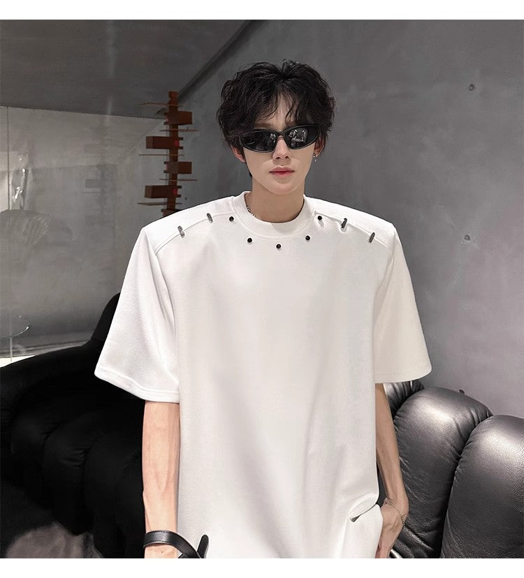 2025High-end Stylish Padded Shoulder Short Sleeve T Men's Summer Shirt with Unique Metal Decoration Design Heavyweight Top t T-shirt