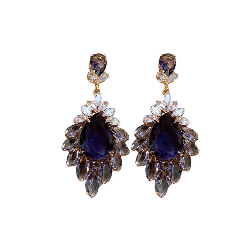 Medieval vintage Zircon Earrings Silver Needle Exaggerated Heavy Craft Flower Water Drop Studs Light Luxury High-end Feel Earrings for Women