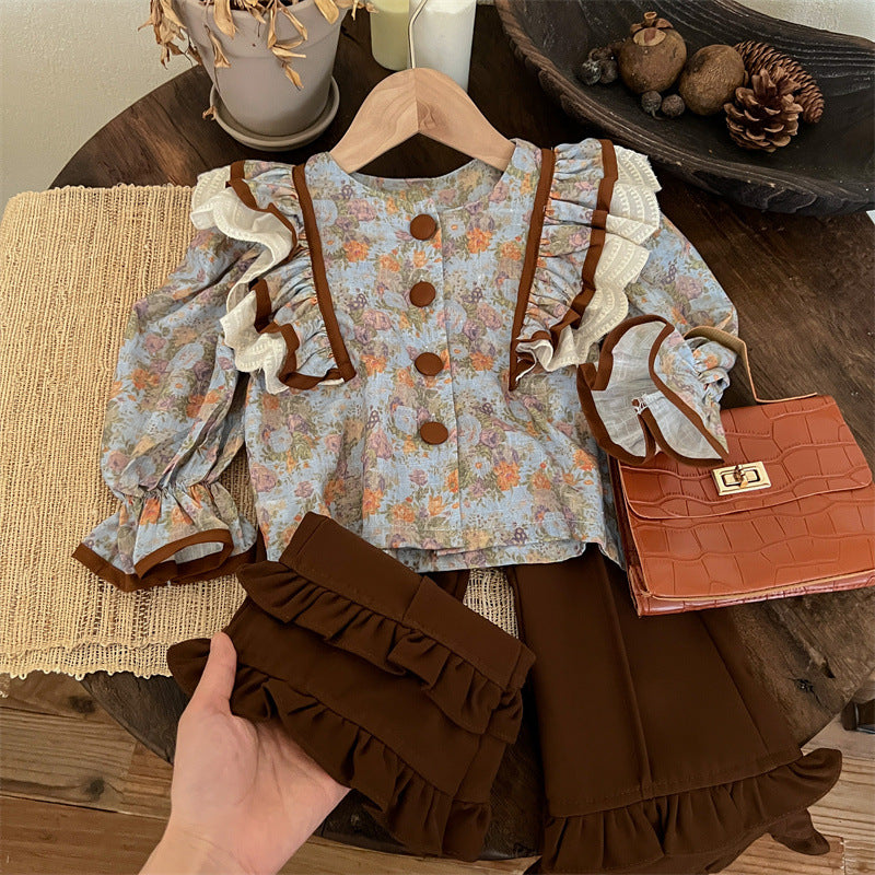 Sweet Little Girl Autumn Outfit Set New Fashionable Retro Autumn Children's Flared Pants Autumn Style Internet Celebrity Children's Clothing
