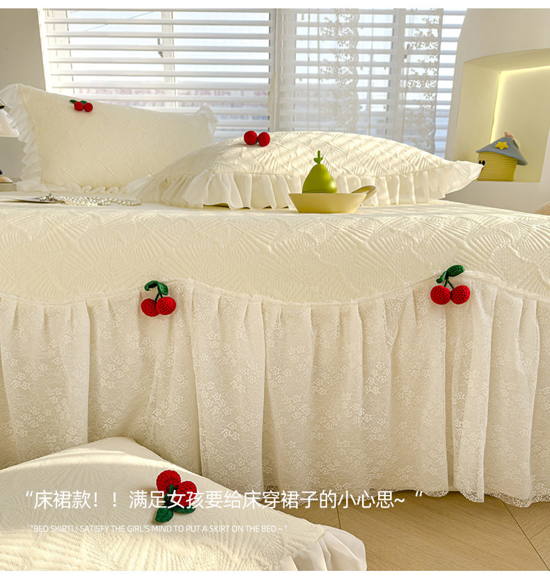 Summer Ice Silk Cooling Mat Lace Edge Cool Soft Mat Three-Piece Set Ethylene Fiber Ice Bean Mat Bed Skirt Style Bedding