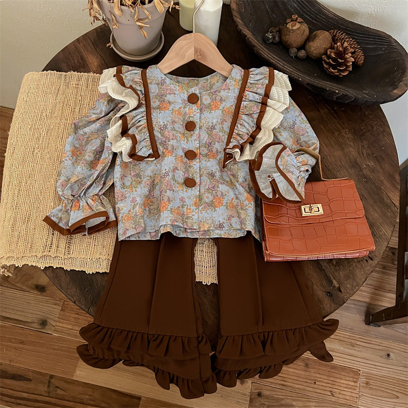 Sweet Little Girl Autumn Outfit Set New Fashionable Retro Autumn Children's Flared Pants Autumn Style Internet Celebrity Children's Clothing