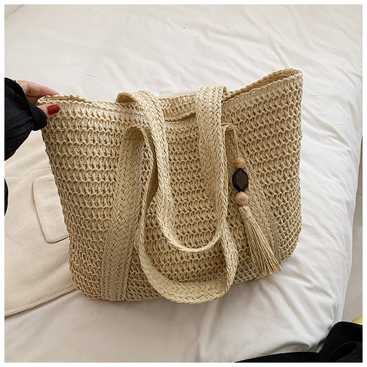 Cross-Border Hot-Selling Women's Bag Simple Large Capacity Lightweight Woven Bucket Beach Bag Trendy Straw New Handheld Shoulder Bag