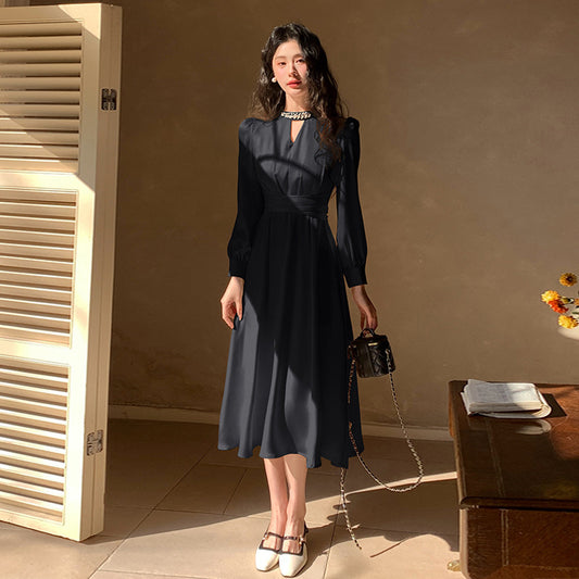 French A Line skirt2025Spring and Summer New Women's Long Sleeve Dress Waist Slimming Elegant Acetate Satin Long Dress