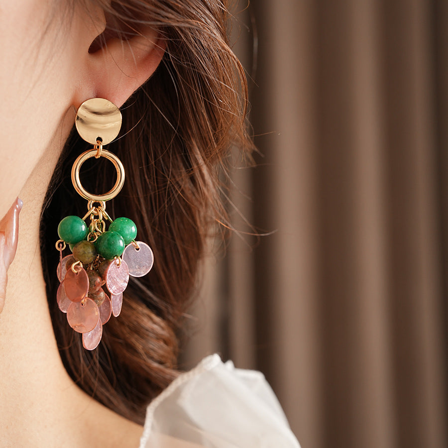 Medieval vintage Jewelry Set Natural Stone Shell Tassel Pendant Earrings Light Luxury High-end Vintage Necklace