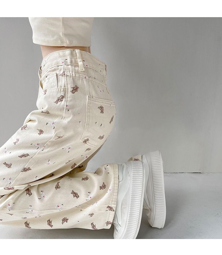 Yuejiaoer Original American Style Cartoon Bear Print Jeans for Women New Flared Loose Straight Wide-Leg Floor-Length Pants