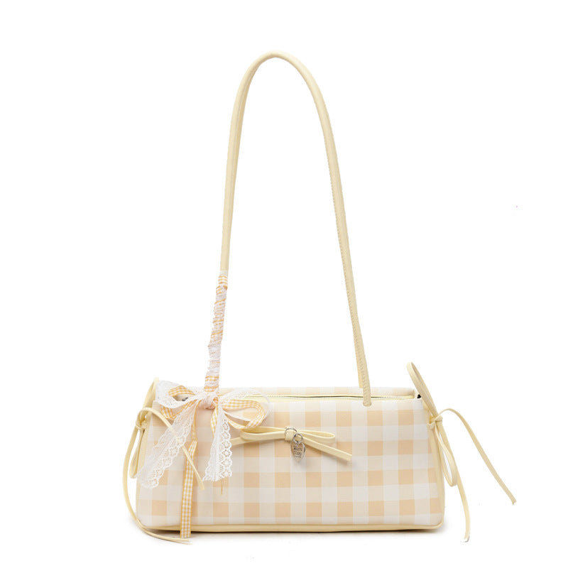 Dopamine Plaid Handbag Small Tote Bag for Women Summer2025New Ballet Style Bow Baguette Bag Underarm Bag Trendy
