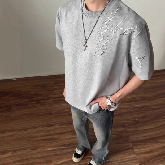 Lightning Embroidered Short Sleeve t Men's Summer New Loose American Retro High Street Round Neck Half Sleeve T-Shirt