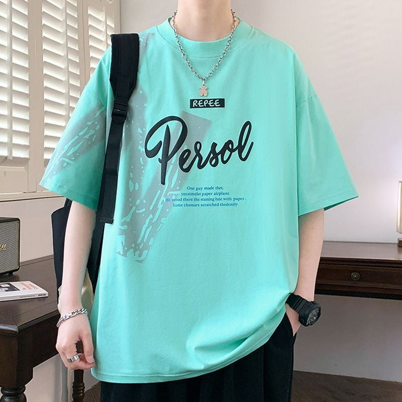 2025Summer New Men's Youth Casual Stylish Trendy Loose Short Sleeve T Shirt Gradient Color for Middle and High School Students