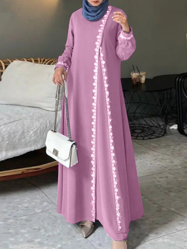 H726#Muslim Women's Clothing Lace Long Robe Dress Fashion Long Sleeve Vest Women's Spring Casual Dress