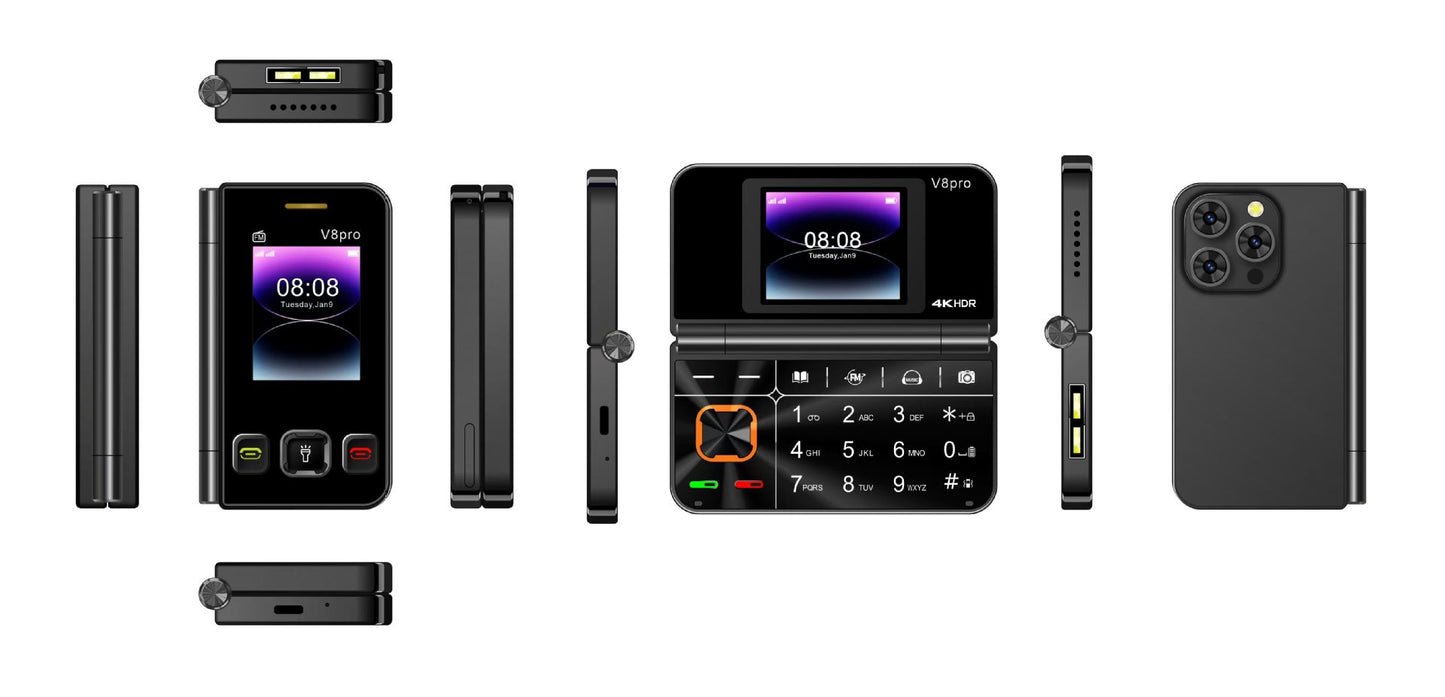 Cross-Border Foreign Trade V8pro Dual Screen Folding Flip Function Phone2G Elderly Foreign Language Mobile Phone Large Buttons Flashlight