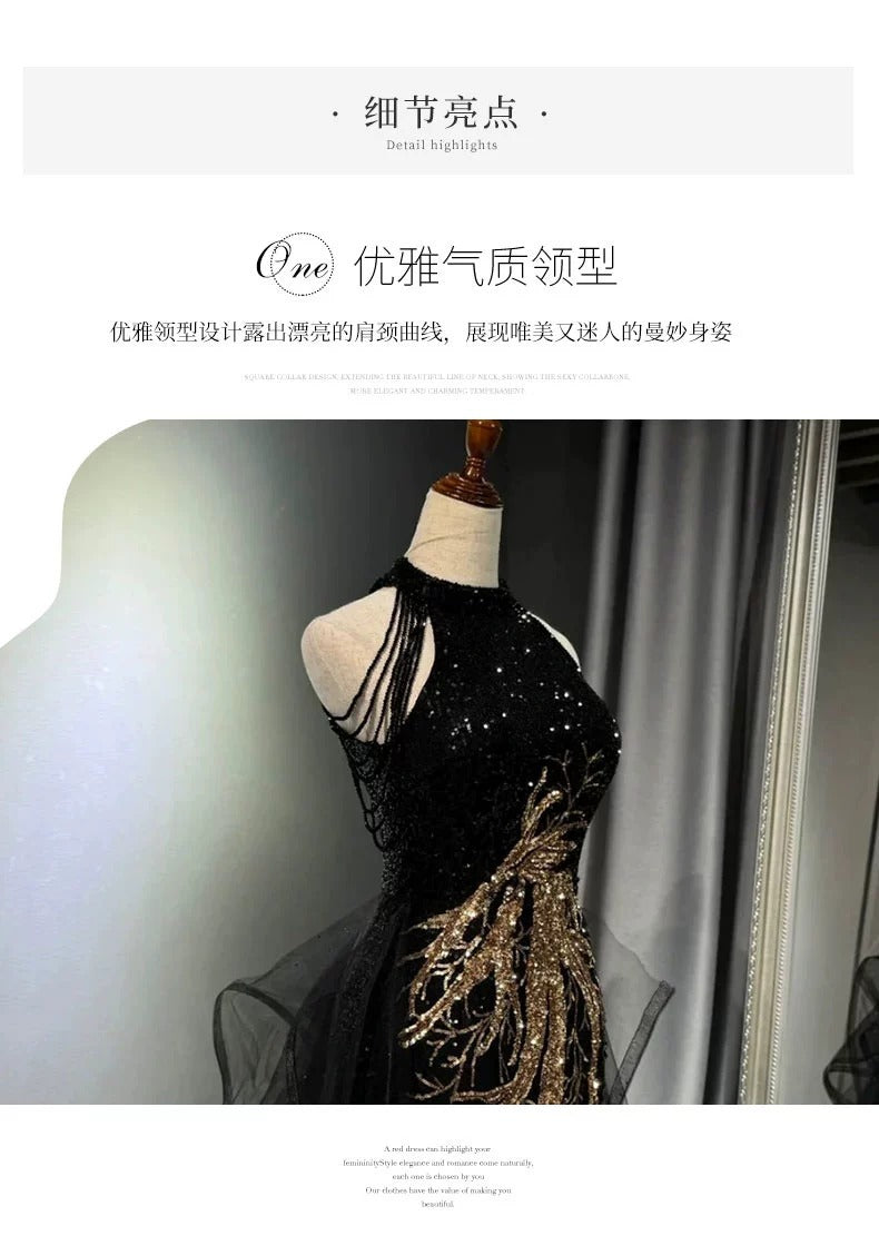 New Evening Dress Black High-End Slim Fit Elegant Socialite Host Halter Neck Mermaid Dress Wedding Toast Dress