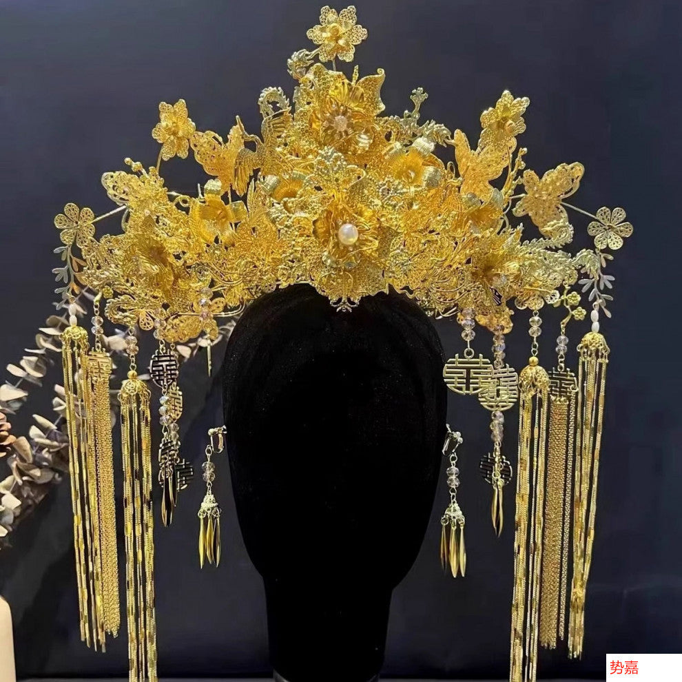 Bridal Hair Accessories Set Tiara Versatile Qing Dynasty Style Xiuhe Costume Crown Veil Hair Accessories Makeup Gold