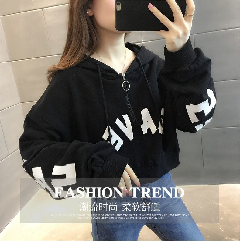 Half Zipper Hooded Short Petites Sweatshirt Women2025New Early Autumn Thin High-Waisted Stylish Streetwear Jacket Trend