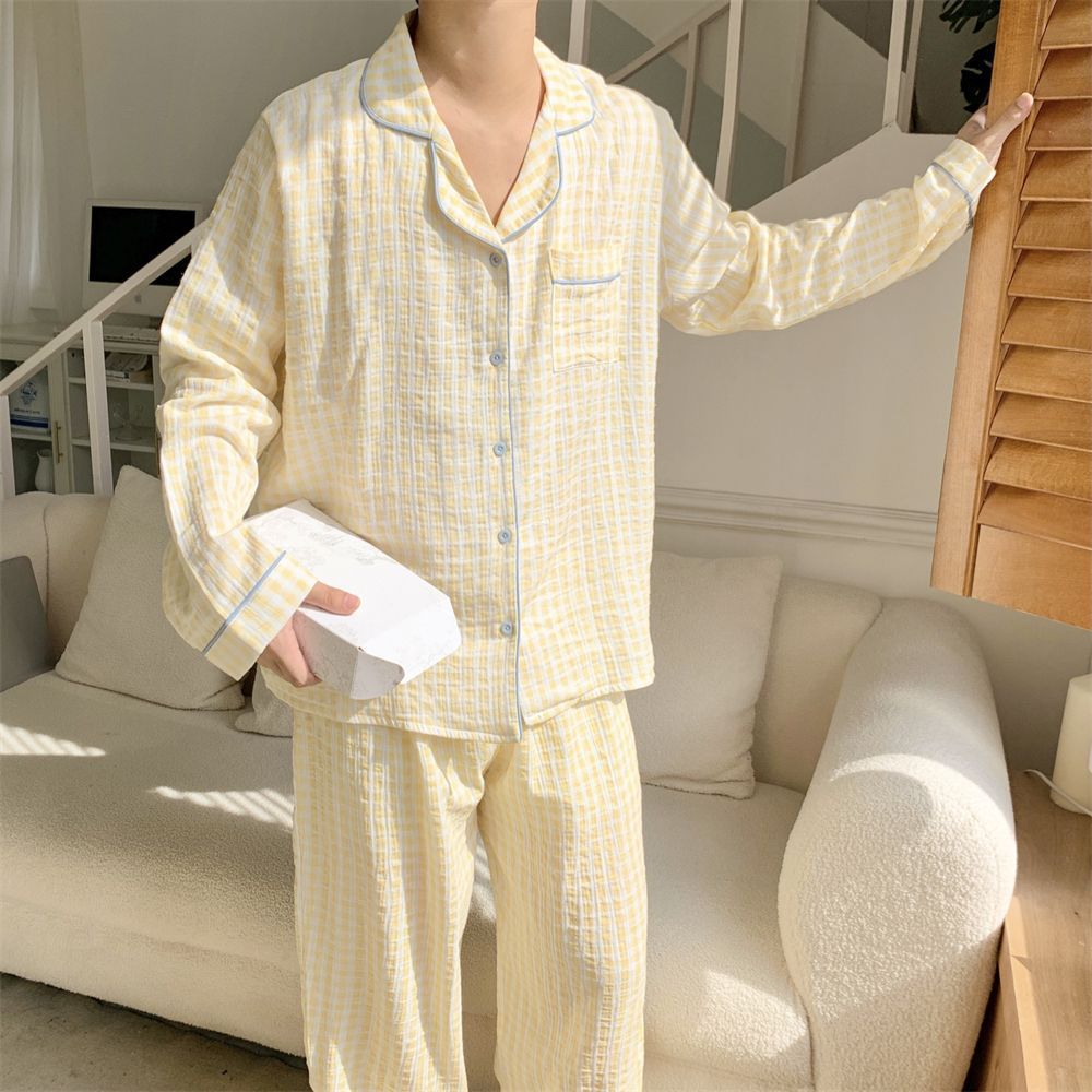Spring and Autumn Japanese Style ins Color-Block Plaid Couple Pajamas for Women, Simple Outerwear, Cute Long-Sleeve Homewear, Men's Set