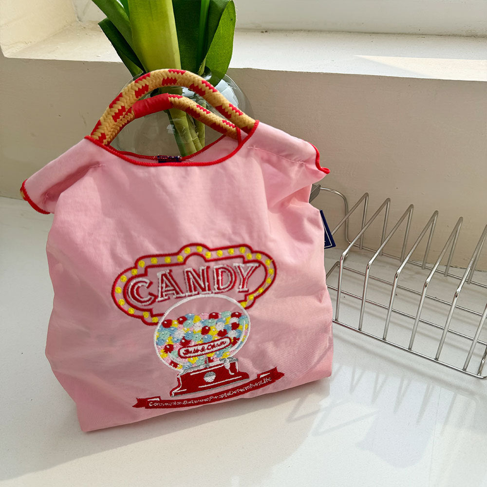 Japanese Style BallChain Same Style Eco-Friendly Embroidered Shopping Bag Nylon Fabric Floral Handheld Niche Fashion Shopping Bag