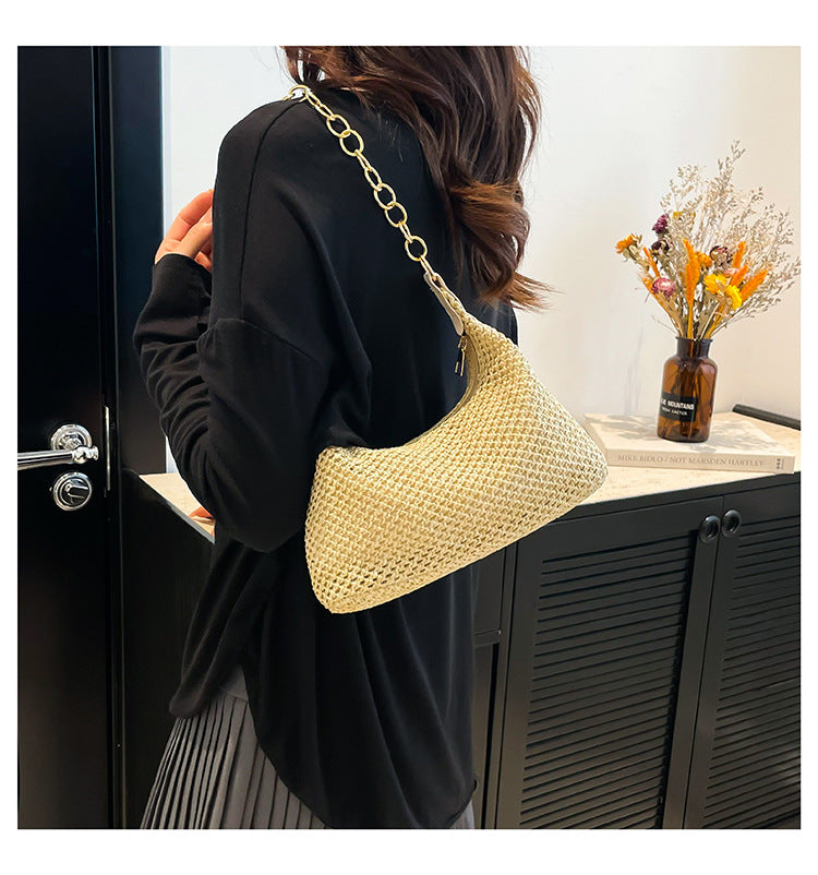 South Korea ins Vintage Woven Tote Bag Straw Bag Large Capacity Underarm Bag Shoulder Bag Vacation Style Beach Bag for Women