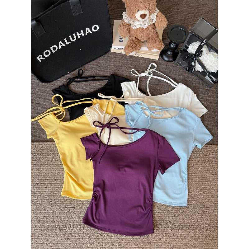 Purple Sexy Off-Shoulder Lace-Up Short Sleeve T Women's Summer Slim Fit Waist-Cinching American Style Hot Girl Halter Neck Top