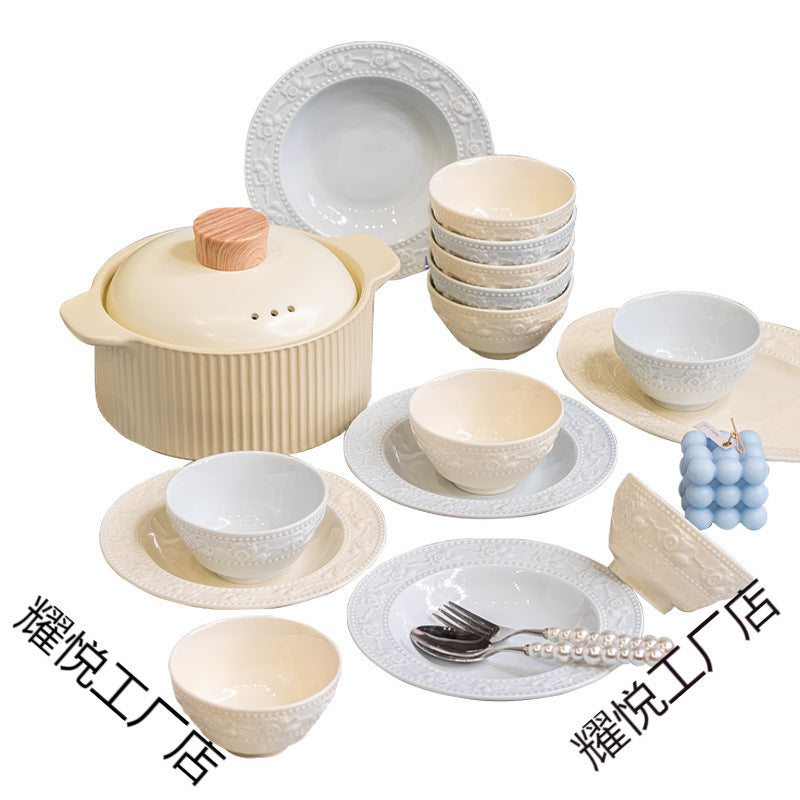 French Style Tableware Bowl and Plate Set for Home Use, High Aesthetic Value for Girls, Cute Ceramic Bowl Set, New Embossed Tableware
