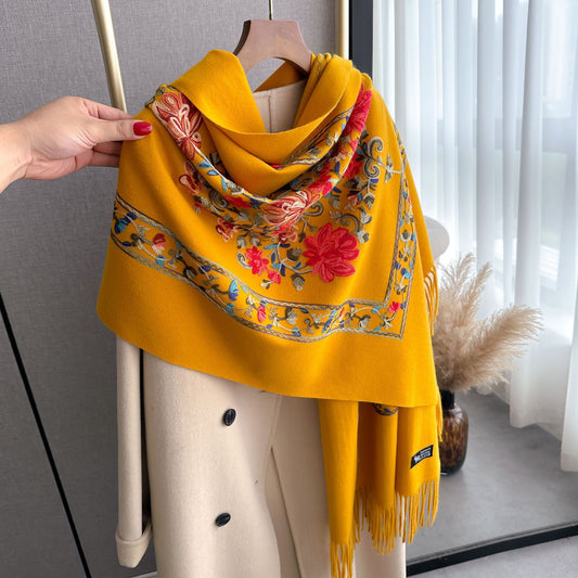 Bright Red Gold Thread Embroidered Scarf for Women Winter Versatile Wool Thickened Warm Cashmere Large Shawl for Women Dual-use Outerwear