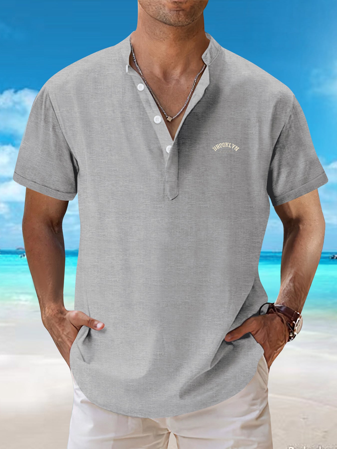 2025New retro loose textured woven shirt for men2025Summer New Stand Collar T Breathable Short Sleeve T-Shirt