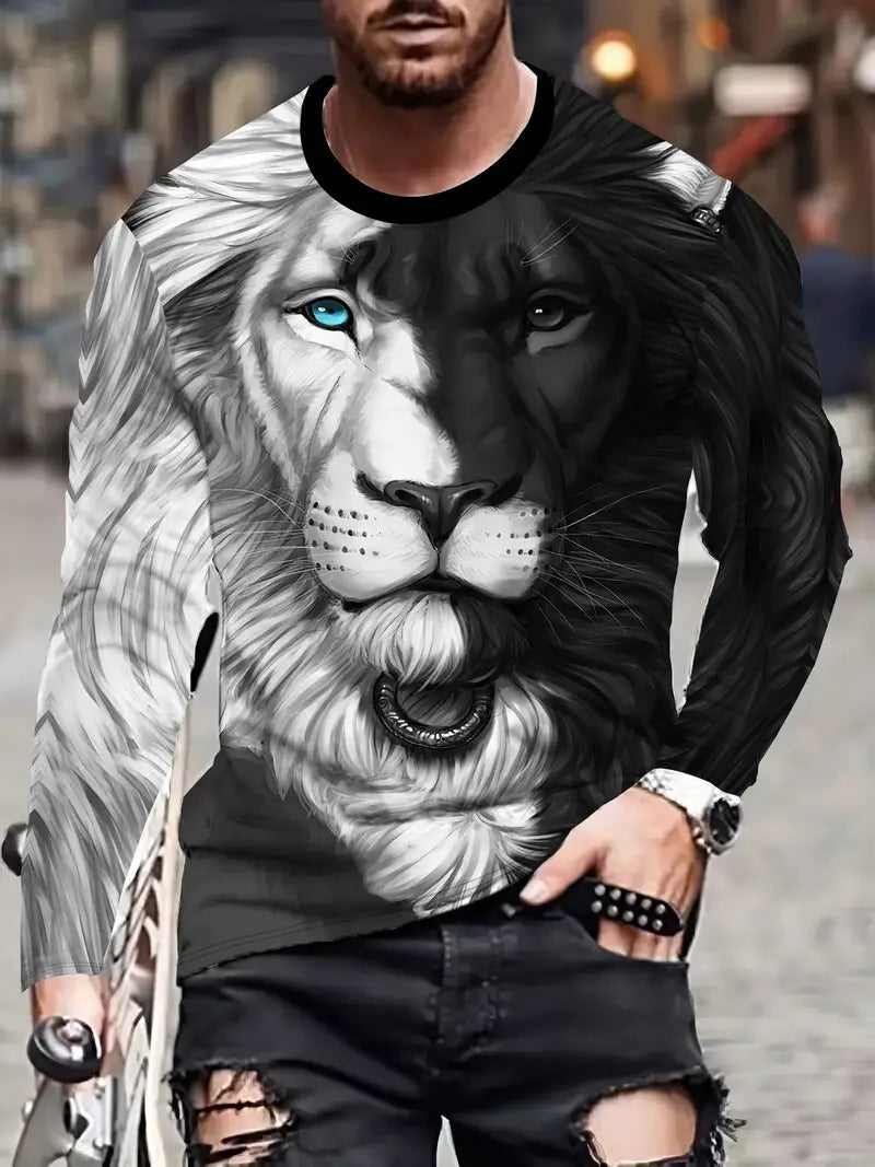 European and American Cross-Border Amazon Foreign Trade Men's Animal Fashion3D Digital Printing Casual Round Neck Long Sleeves T T-Shirt Wholesale